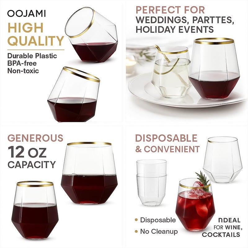 Oojami 40 count Diamond Unbreakable Stemless Plastic Wine Champagne Whiskey Glasses Elegant Durable Disposable Indoor Outdoor Ideal for Home, Office, Bars, Wedding, 12 Ounce Cups Gold Rim (Gold) - Image 4